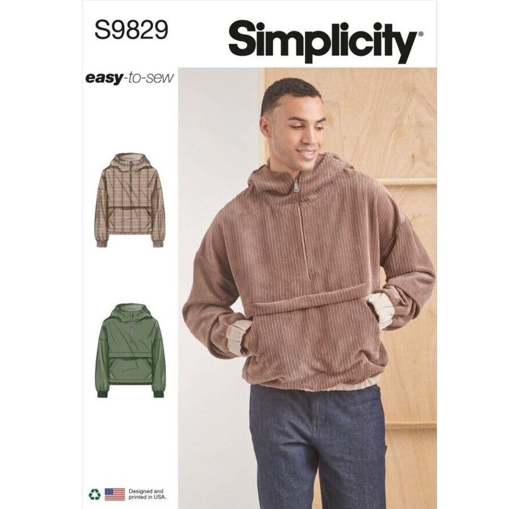 Simplicity Pattern 9829 Men's Half Zip Hoodie Pouch Pocket Size S-XXL New Uncut